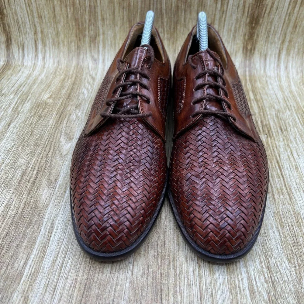 Johnston & Murphy Domani Oxford Men's 9 M Brown Woven Leather Made in Italy 6300